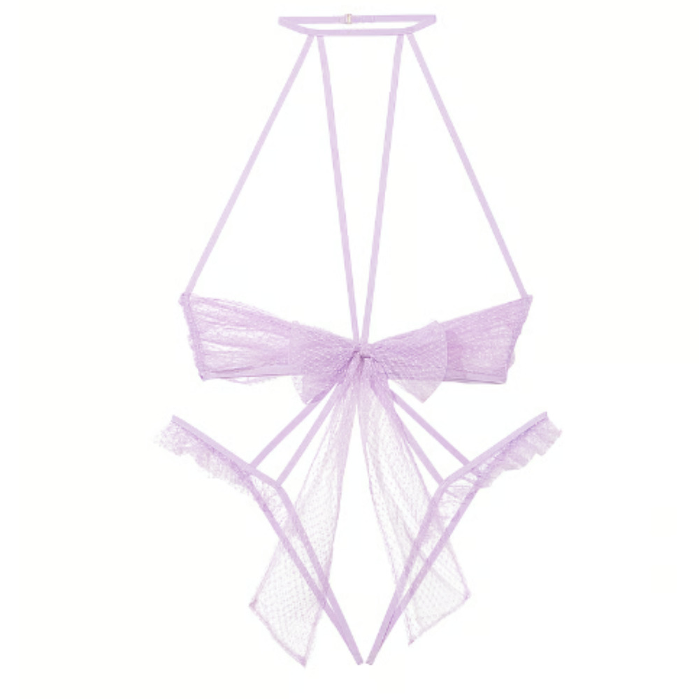 Victoria's Secret Very Sexy Bow Mesh Playsuit Teddy Crotchless Purple Size M